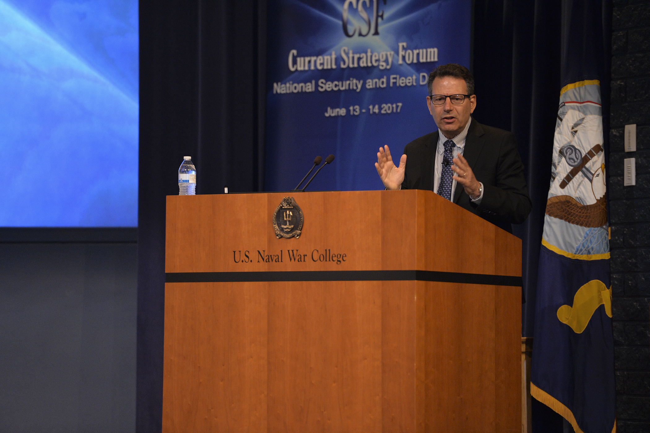 170613-N-CV398-047
NEWPORT, R.I.
(June 13, 2017)
Robert D. Kaplan from the Center for a New American Security, delivers a keynote address during the 68th annual Current Strategy Forum at U.S. Naval War College (NWC) in Newport, Rhode Island. As NWC’s capstone academic event, the two-day forum brings together distinguished guests and students to explore issues of strategic national importance. This year’s theme is “National Security and Fleet Design.”
(U.S. Navy photo by Mass Communication Specialist 2nd Class Zach Allan/released)