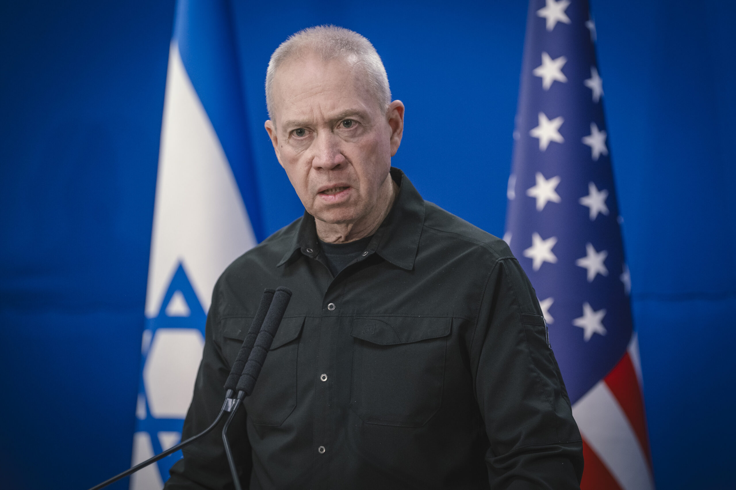 Secretary of Defense Lloyd J. Austin III and Israeli Minister of Defense Yoav Gallant address the nedia during a press conference in Tel Aviv, Israel, Dec. 18, 2023. Austin traveled to Israel to meet with counterparts and underscore unwavering U.S. commitment to Israel's right to defend itself in accordance with international humanitarian law. (DoD photo by Chad J. McNeeley)